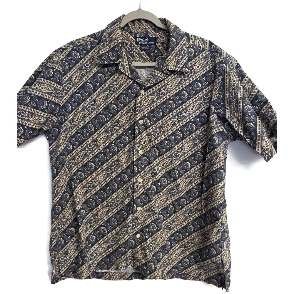 90s Vintage Polo Ralph Lauren Loop Collar Camp Shirt Blue Bandana Paisley Large